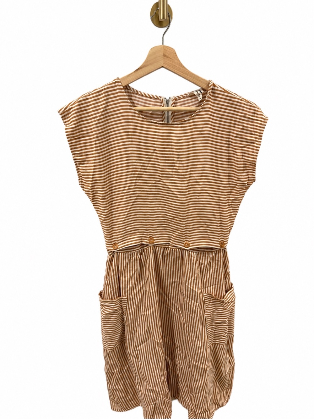 Casual Brown & White Striped Mini Dress with Button Waist